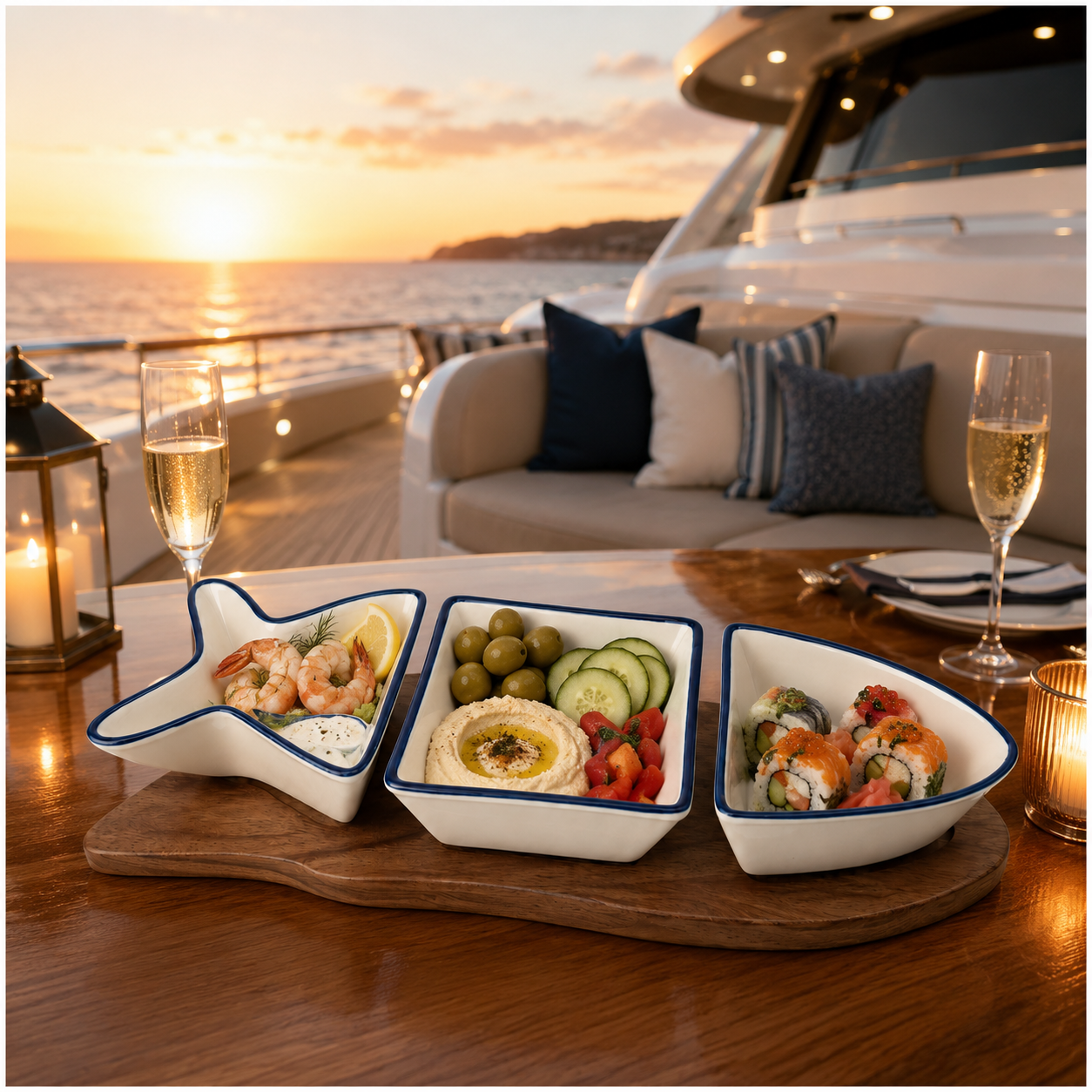 Beautiful Ceramic Fish-Shaped 4-Piece Snack Platter Wooden Acacia Tray