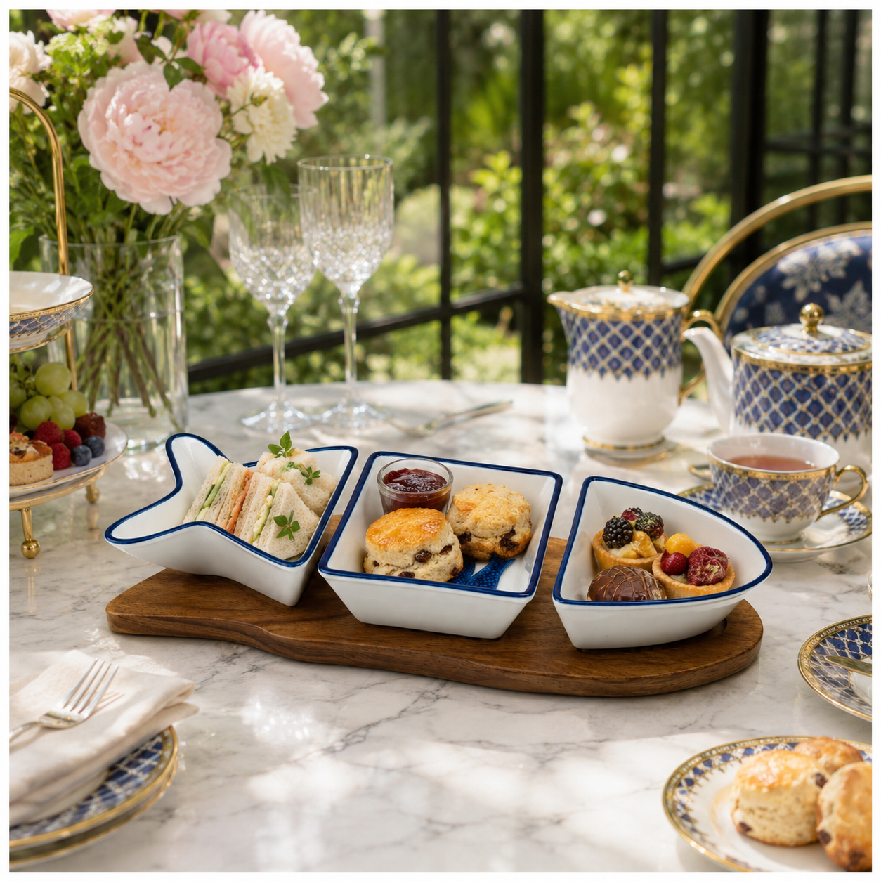 Beautiful Ceramic Fish-Shaped 4-Piece Snack Platter Wooden Acacia Tray