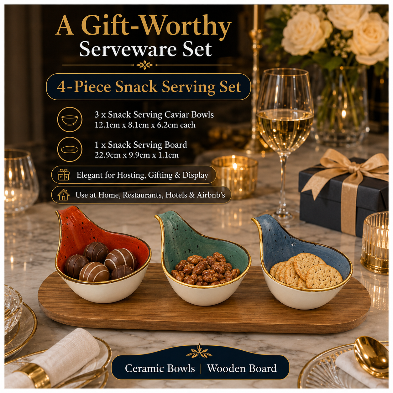 Beautiful 4-Piece Ceramic Snack Serving Bowl Set with Acacia Wood Board