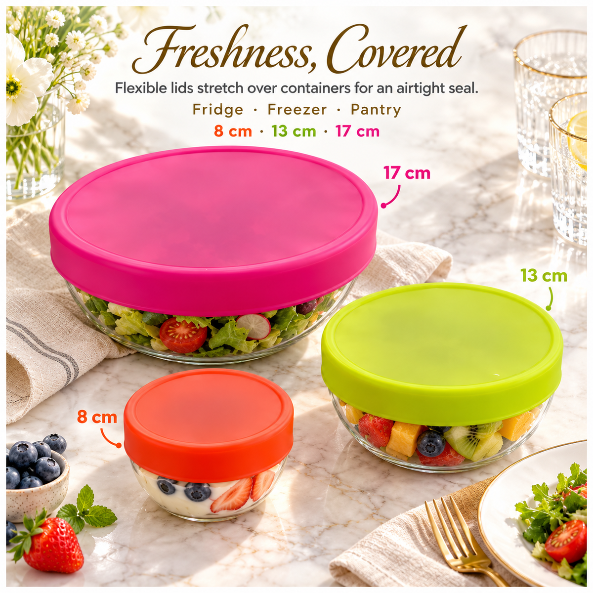 Flexible Silicone Stretch Lids 3-Piece Set | Airtight Food Covers, 8–17 cm