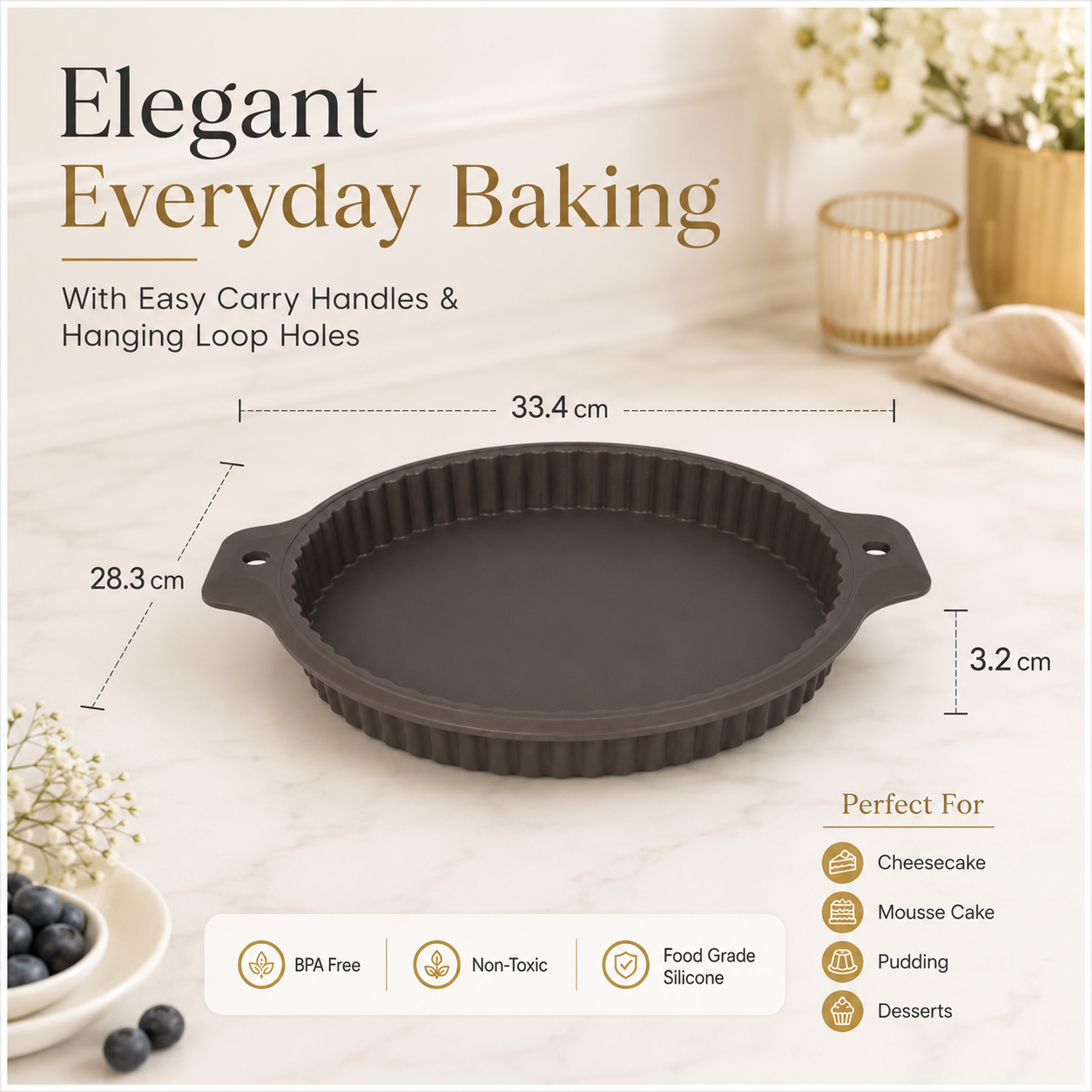 Essential Round Fluted Tart and Quiche Mold -33.4 x 28.3 x 3.2cm - BPA free