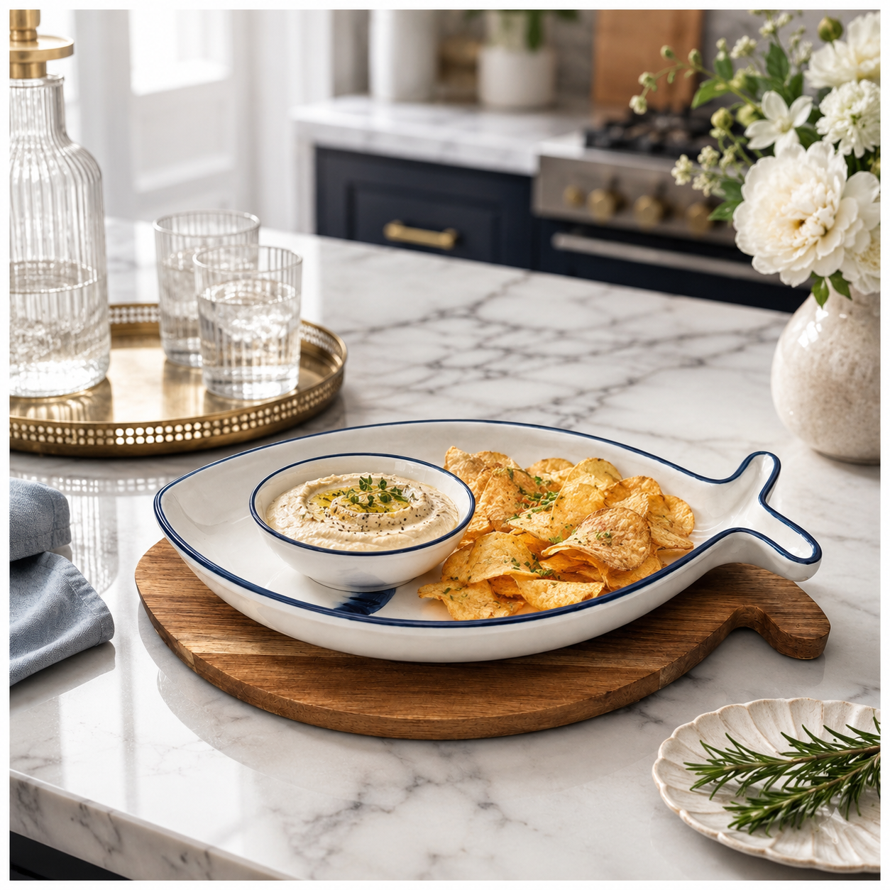 Fish Shaped Snack Serving Platter with Wooden Tray – Ceramic & Acacia Wood Serveware Set