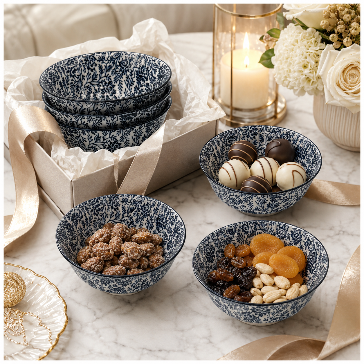 Elegant 5-Piece Blue Floral Fine Porcelain Bowl Set – Fine Dining - 16 cm