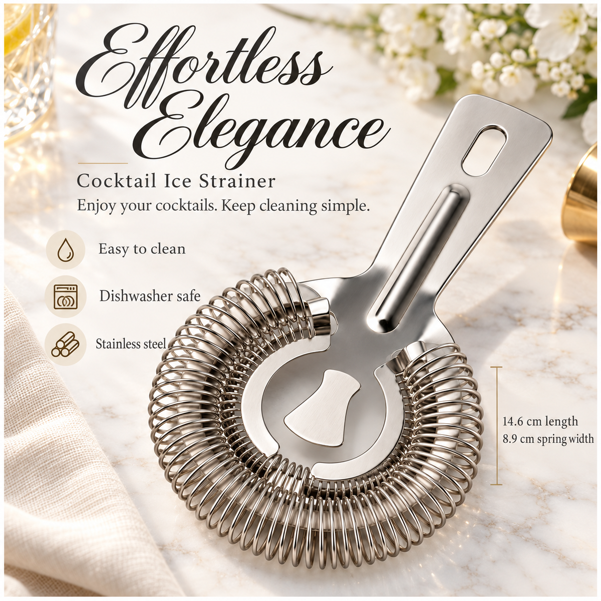 Stainless Steel Cocktail Ice Strainer - Silver Spring Coil - 14 cm