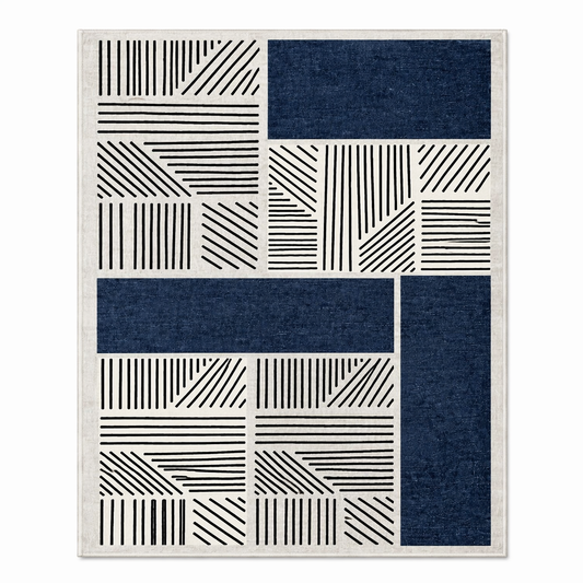 Modern Geometric Luxury Area Rug –Blue Black Cream Carpet - (120 x 180 cm)