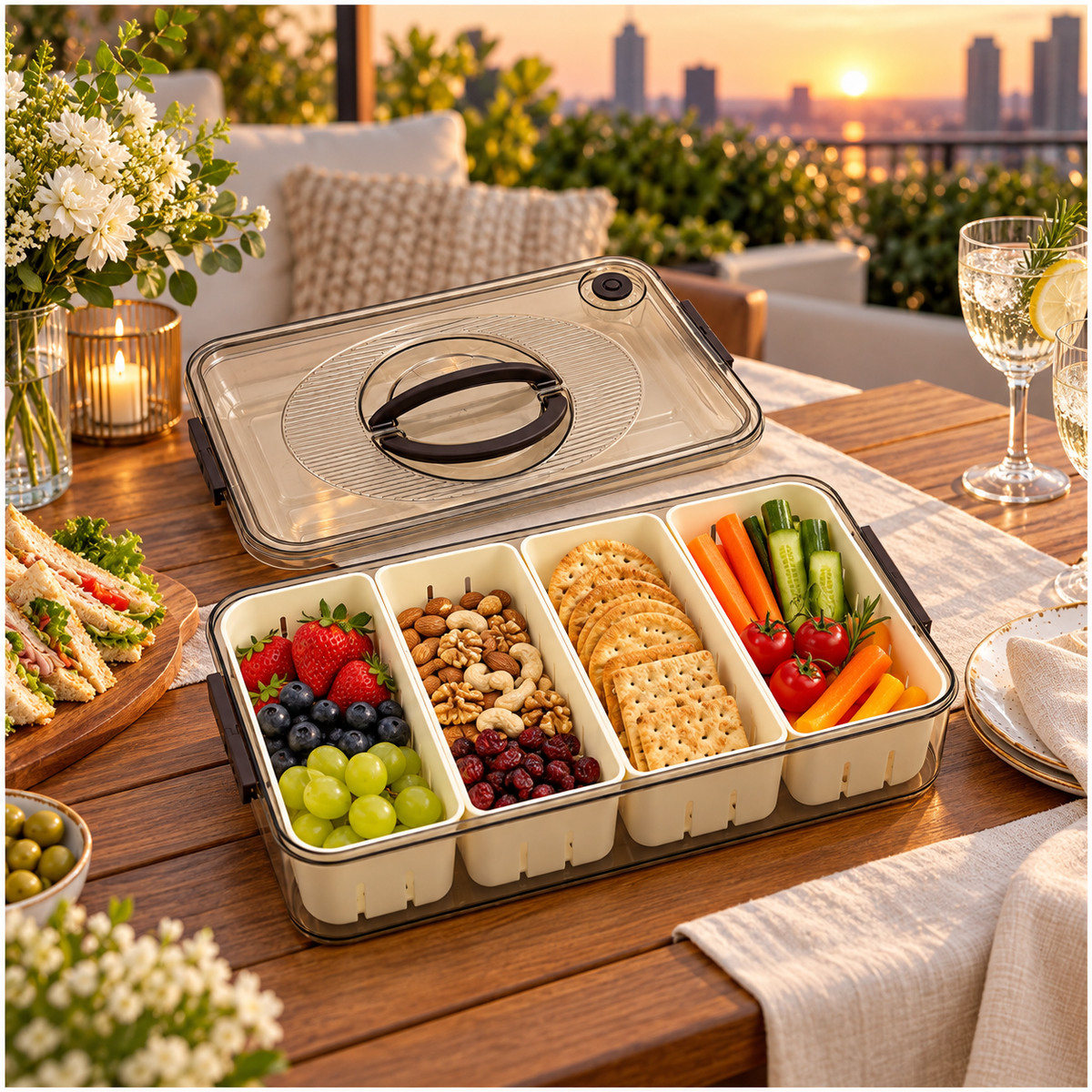 Portable 4-Compartment Snack Platter for Home, Picnics, Parties and Travel