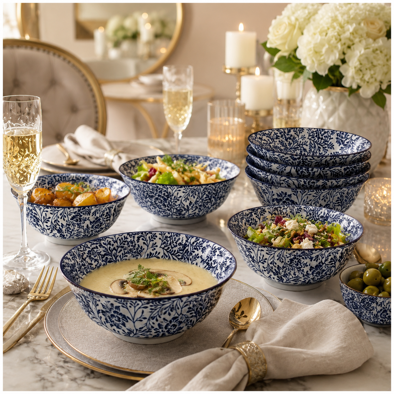 Elegant 10-Piece Blue White Porcelain Bowl Set - Beautiful Floral Serveware