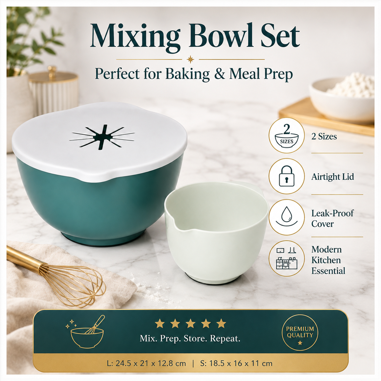 Essential 3 Piece Mixing Bowl Set with Lid – 2 Sizes- Baking Prep BowlS