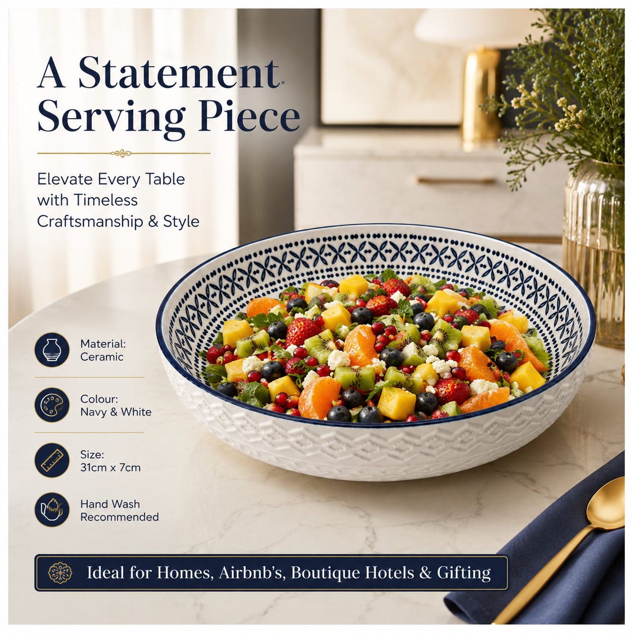 Luxury Large Ceramic Salad Serving Bowl 31cm–Navy and White -Floral Design