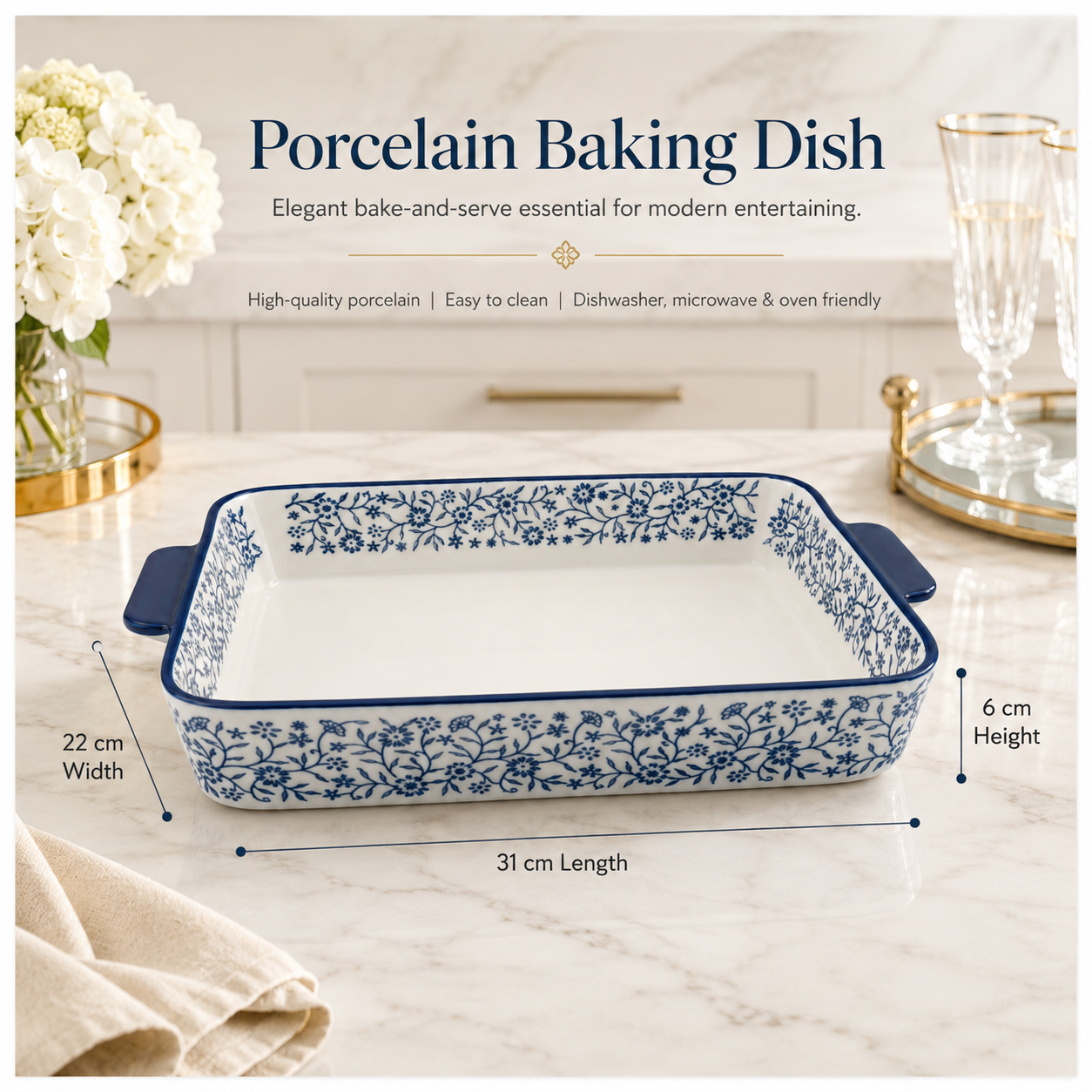 Premium White-Blue Porcelain Rectangular Casserole Dish -Serving Dish -31cm