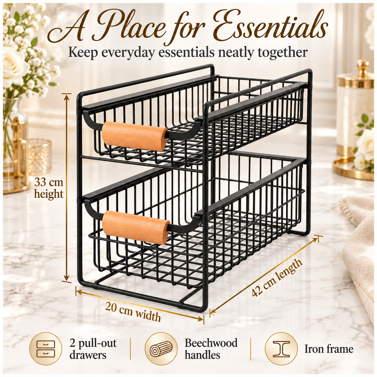 2-Tier Iron Drawer Organiser with Beechwood Handles for Convenient Storage