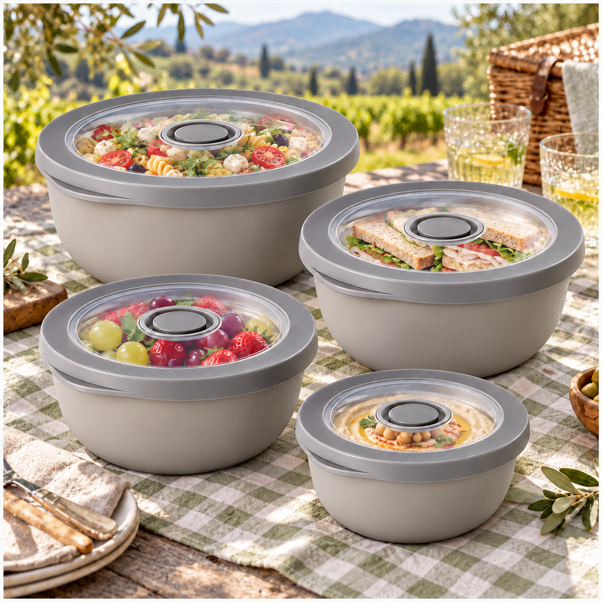 Airtight Round Food Storage Container Set of 4 – Grey, Clear Lids, BPA-Free