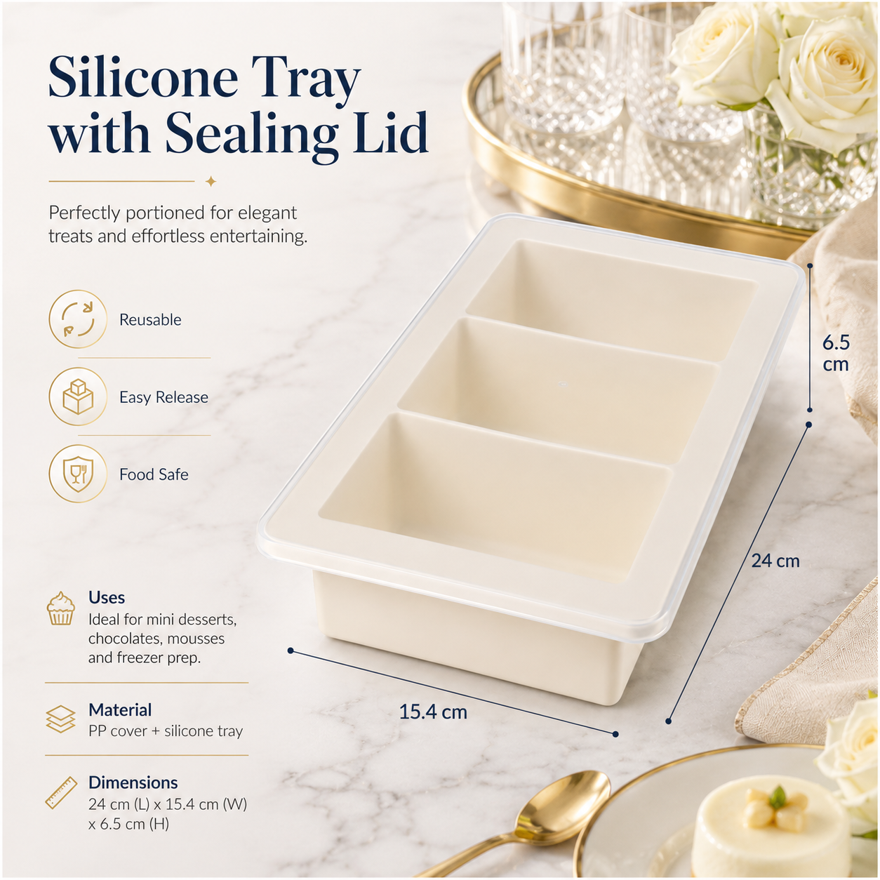 3-Cavity Silicone Ice Cube Tray with Sealing Lid – Cream - 24 cm