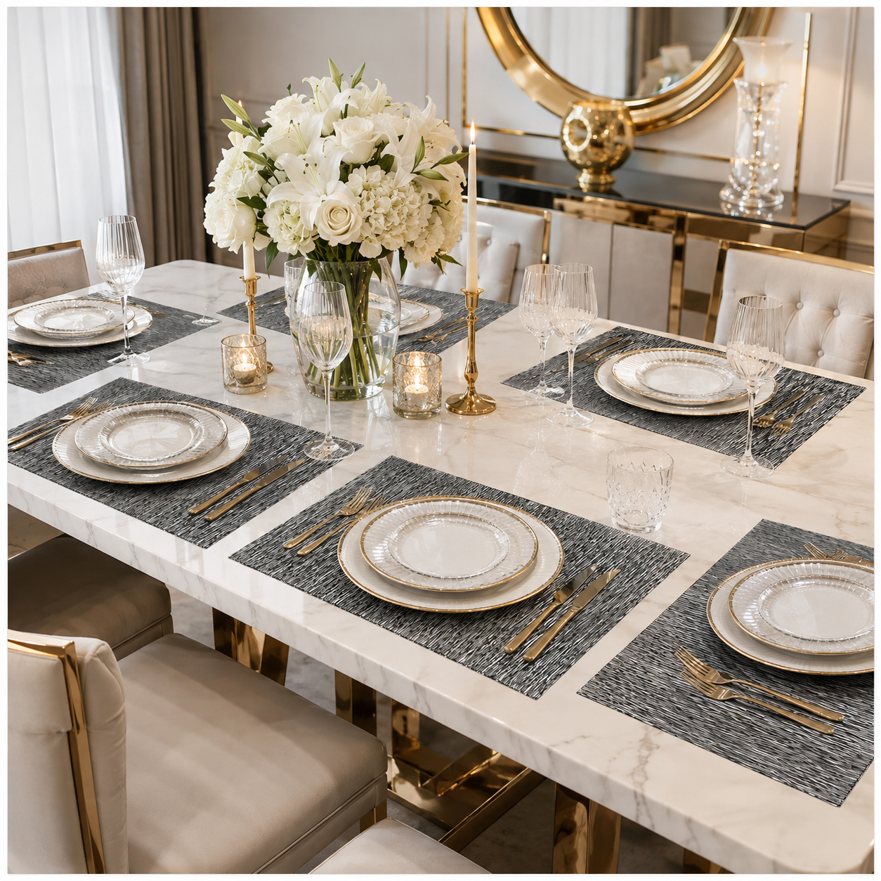 6-Piece Reversible Black Textured Waterproof Placemats – Dining Table Mats