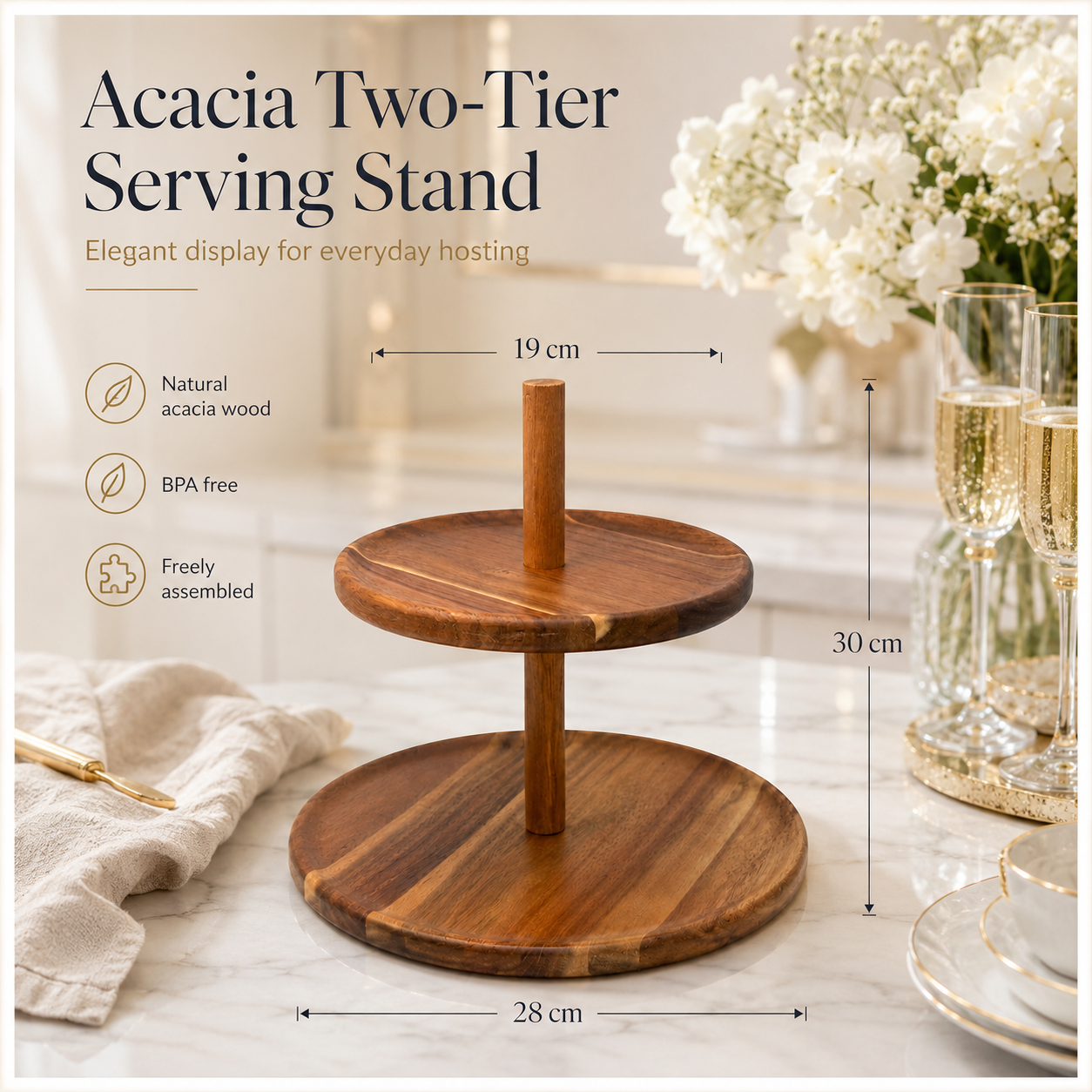 Natural Acacia 2-Tier Round Serving Platter - Wooden Display Stand - 28cm