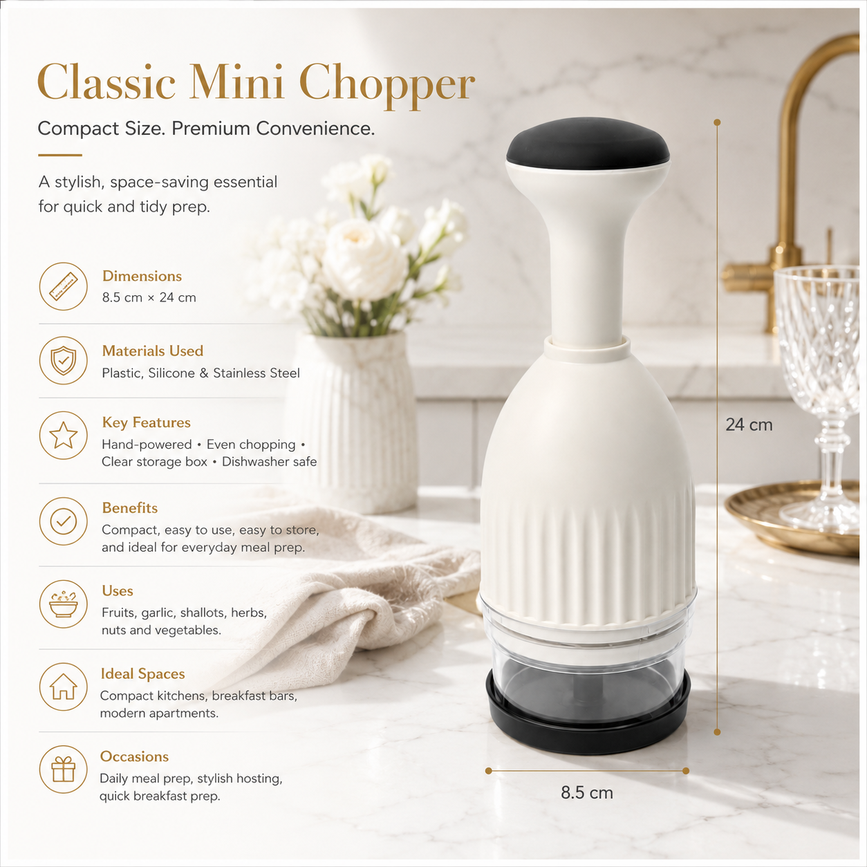 Essential Hand-Powered Compact Food Chopper – 8.5 x 24cm