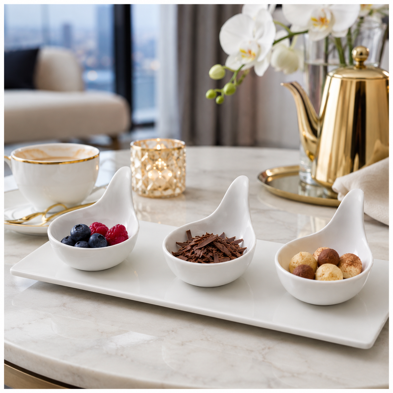 Luxury 3-Piece High Quality Fine Porcelain Serving Bowl and Tray Set- White