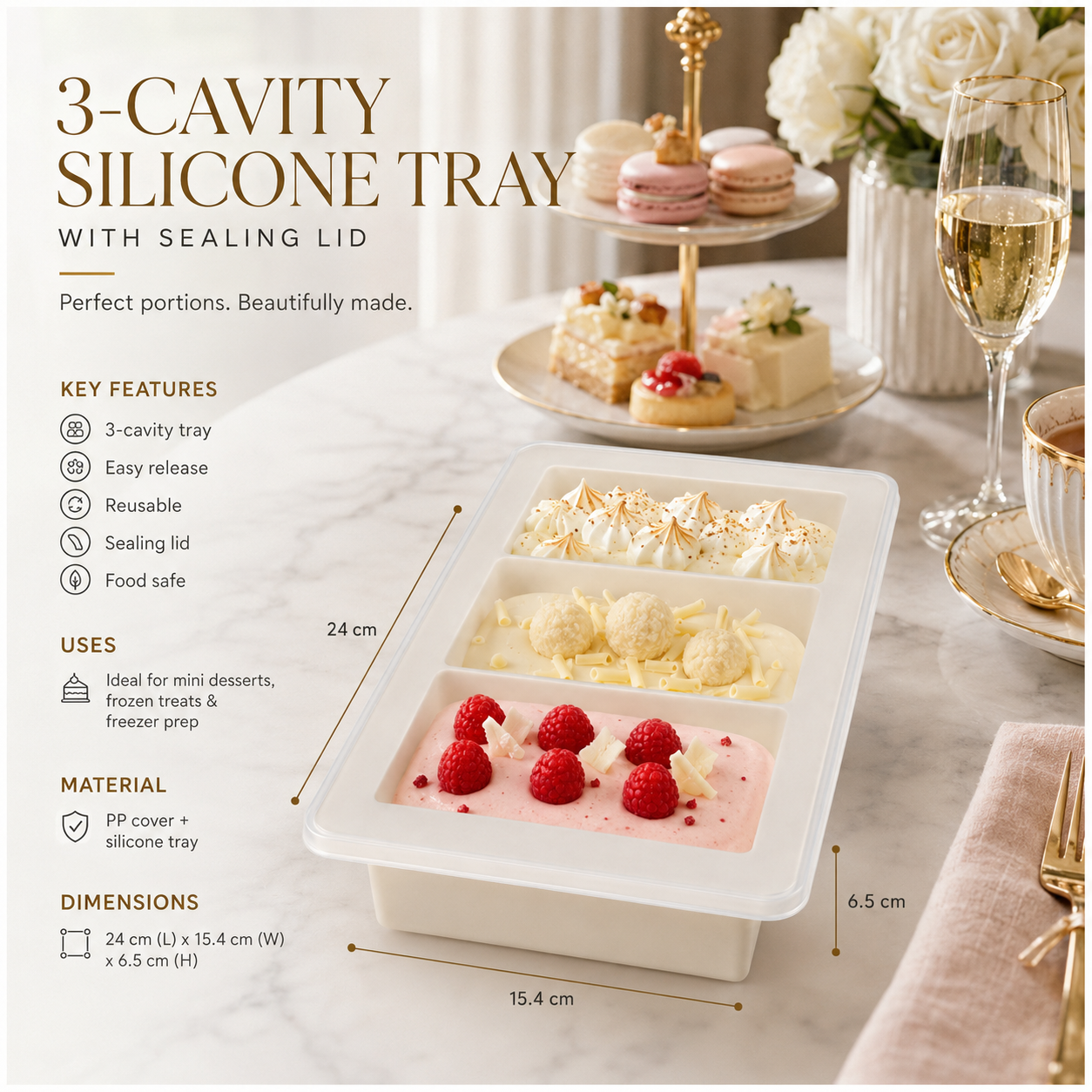 3-Cavity Silicone Ice Cube Tray with Sealing Lid – Cream - 24 cm