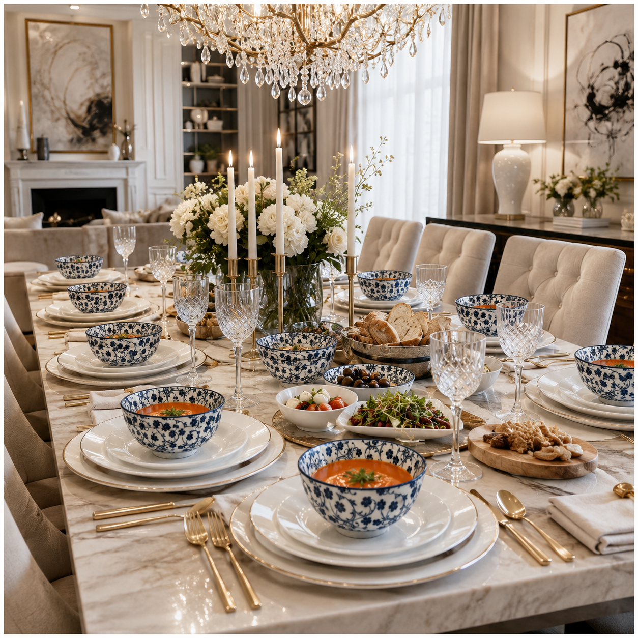 Elegant 10-Piece Blue and White Porcelain Starter Bowl Set