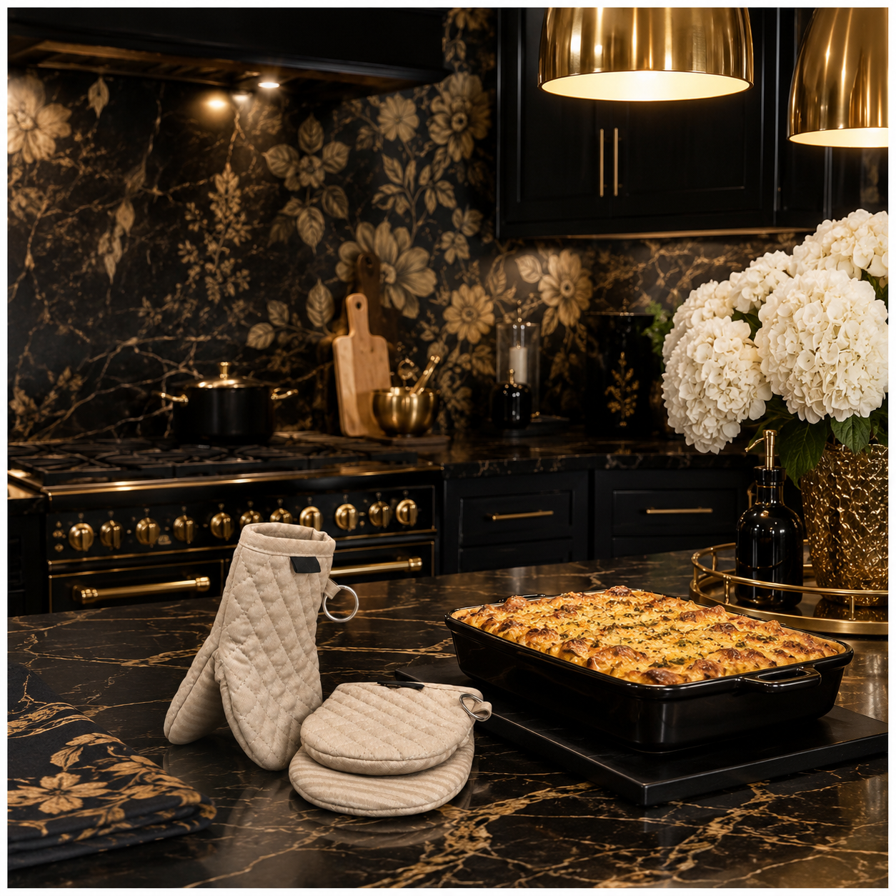 Quilted Compact Oven Mitt Set with Silicone Grip - Olive Brown