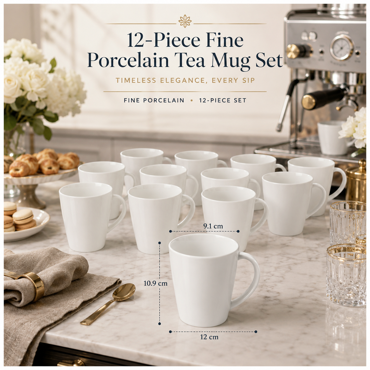 Essential 12-Piece White Fine Porcelain Coffee and Tea Mug Set
