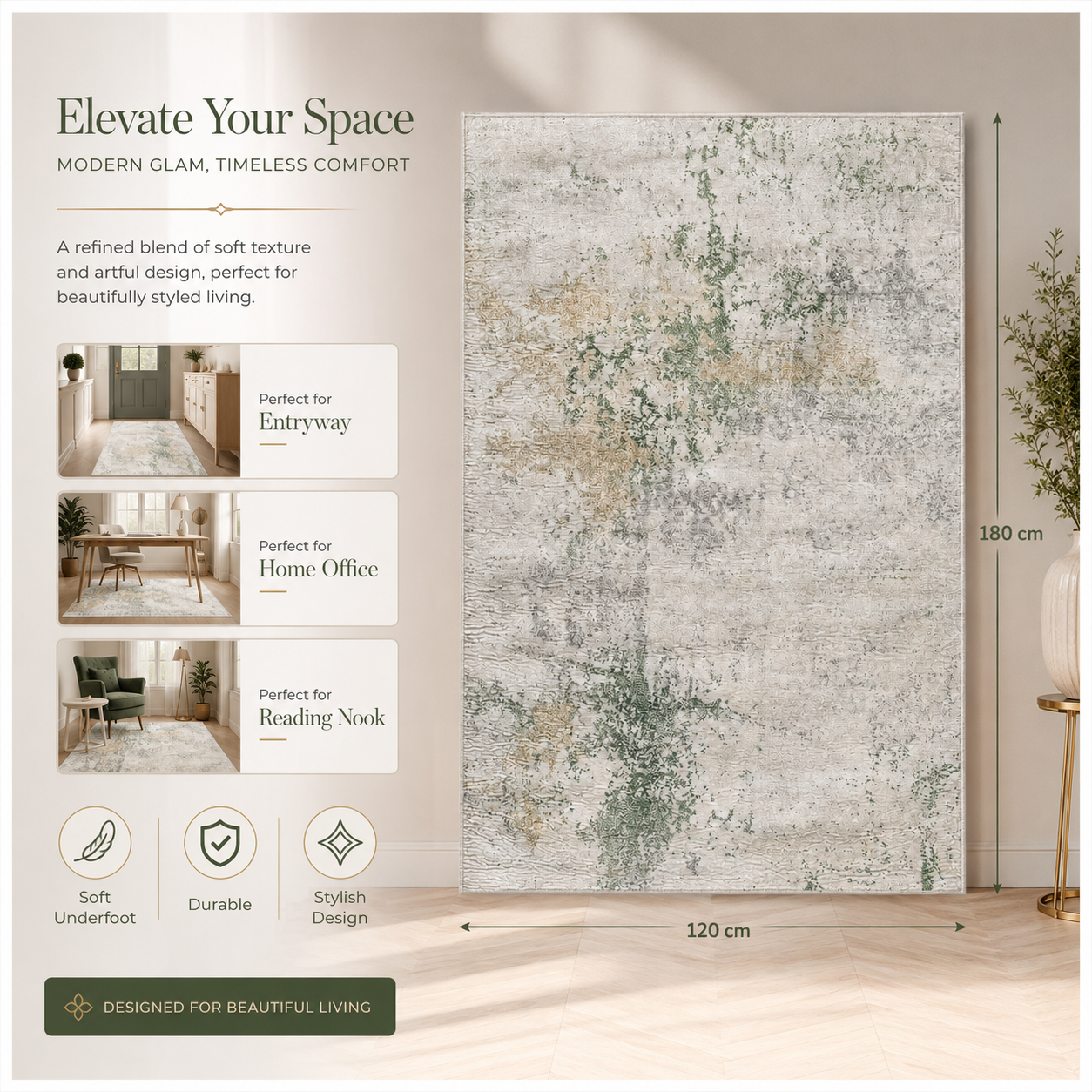 Modern Abstract Area Rug - 180cm x 120cm – Green, Cream Soft Accent Rug