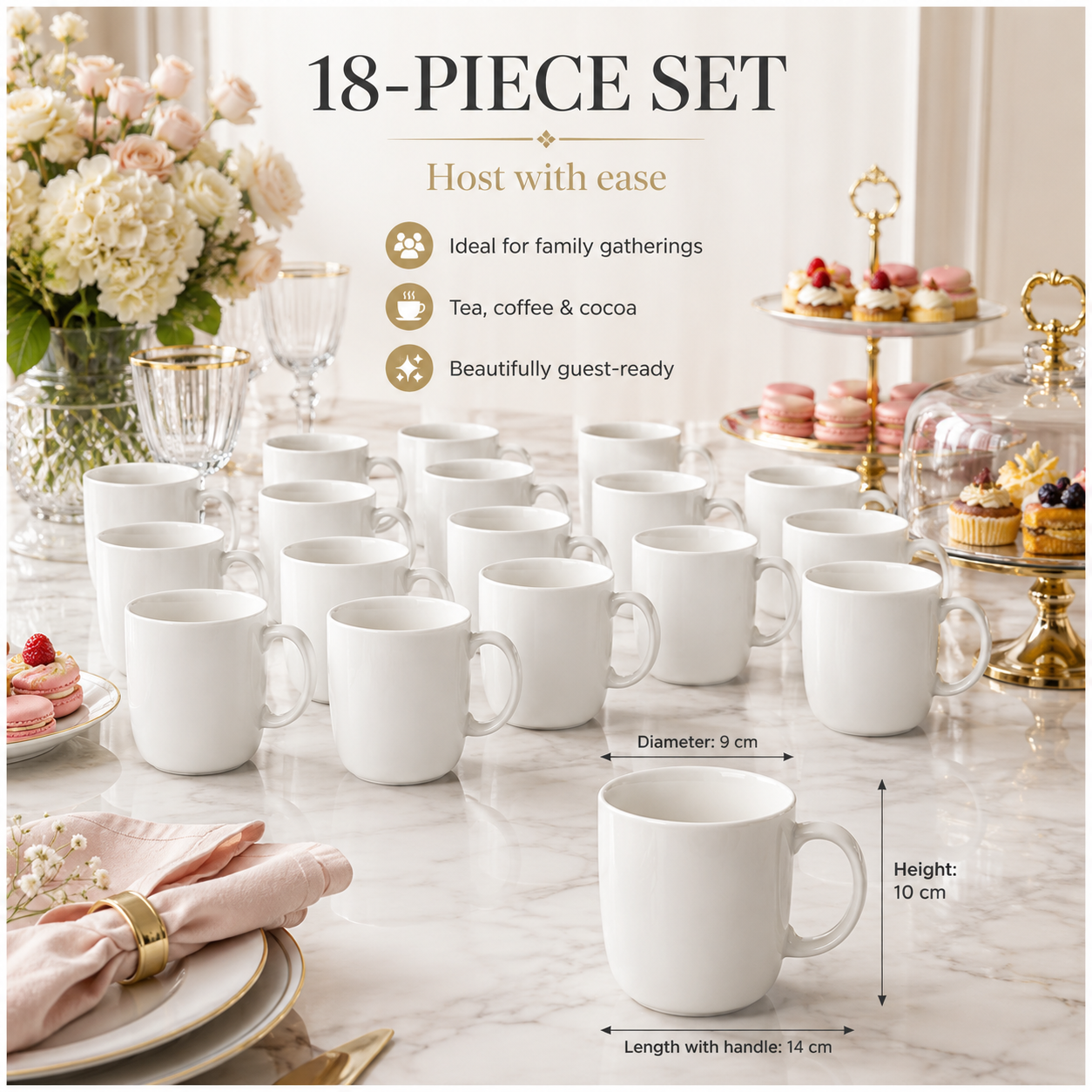 Essential 18-Piece White Ceramic Mug Set for Tea, Coffee and Entertaining