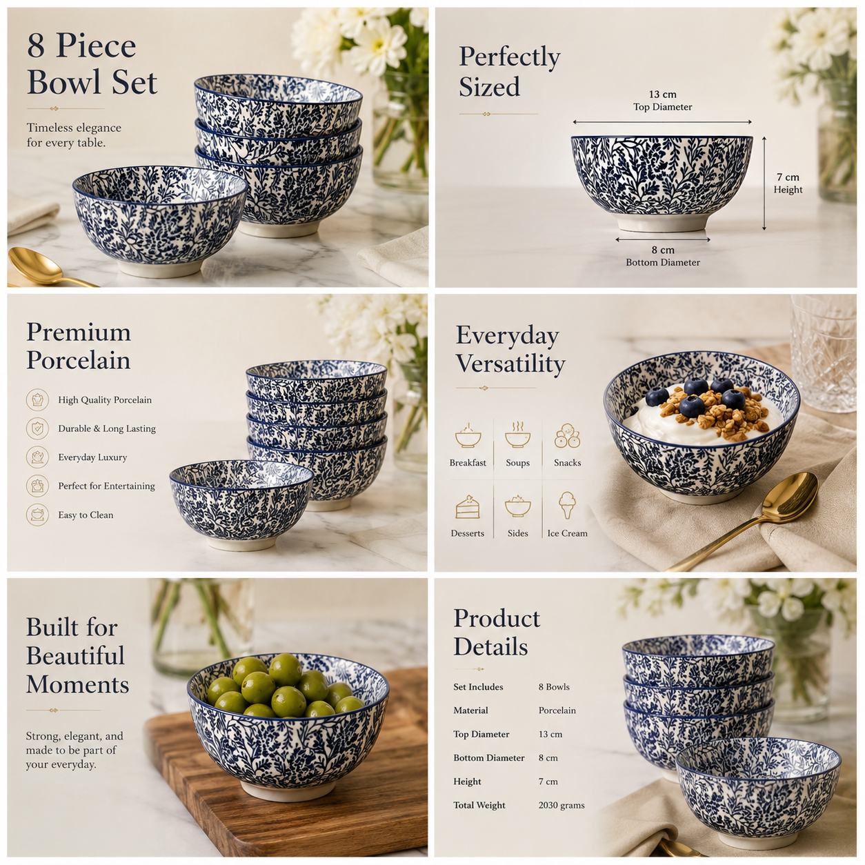 Elegant 8-Piece Blue Floral Porcelain Bowl Set – 13 cm