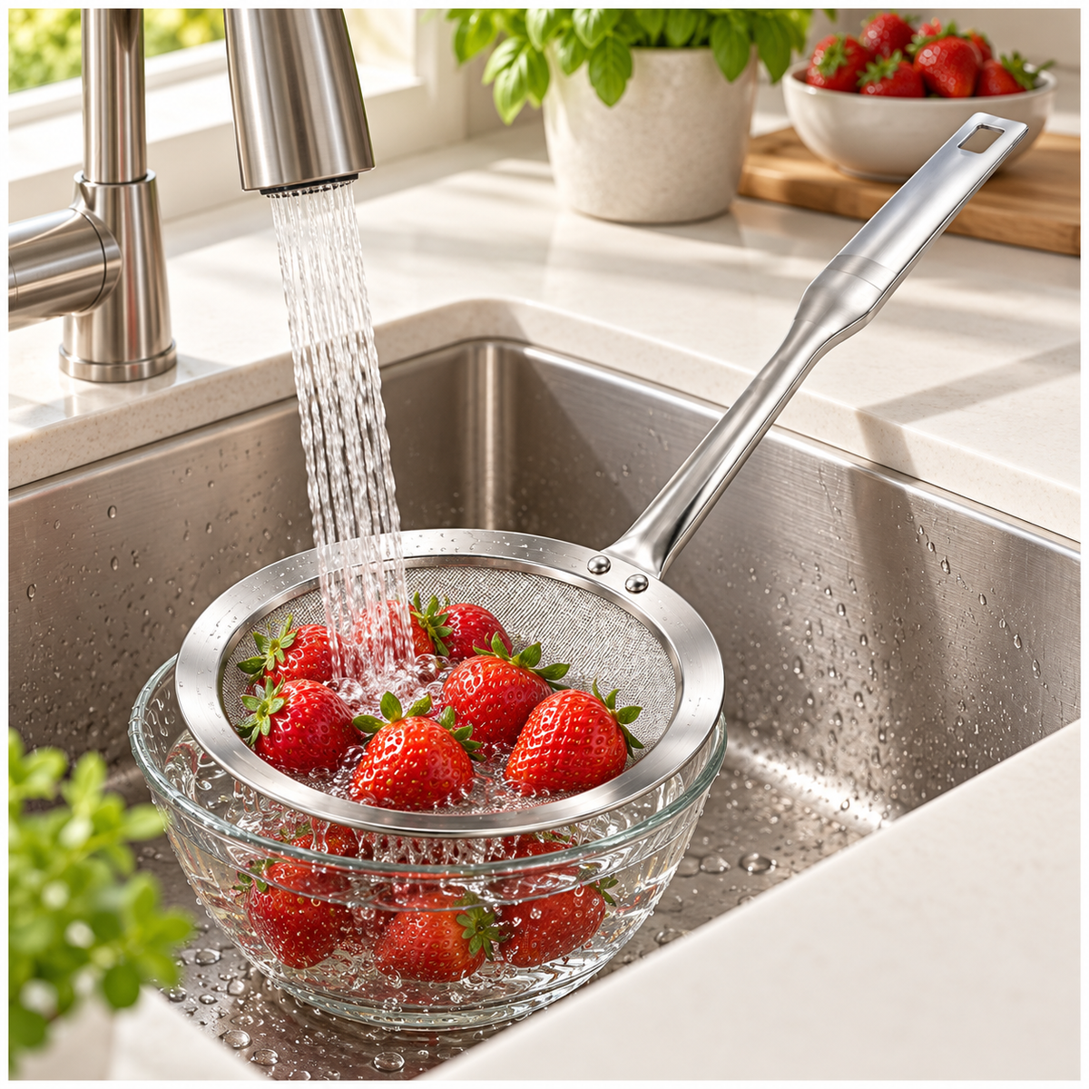 Stainless Steel Fine Mesh Strain Skimmer with Long Flat Handle – Silver