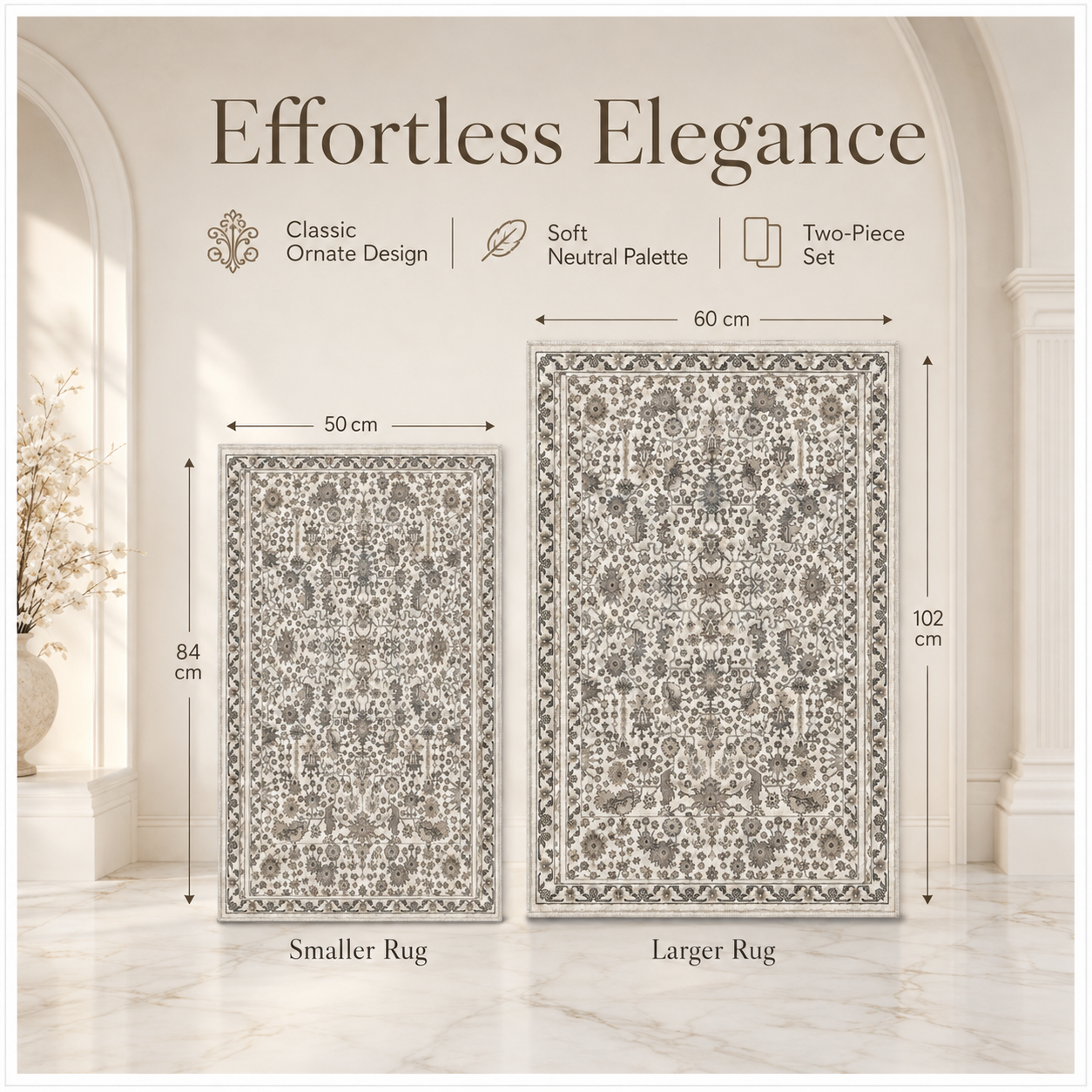 2-Piece Accent Persian Carpet Set–Charcoal Grey and Ivory-50x84cm-60x102 cm