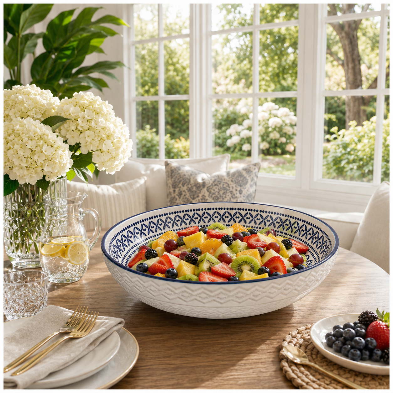 Luxury Large Ceramic Salad Serving Bowl 31cm–Navy and White -Floral Design