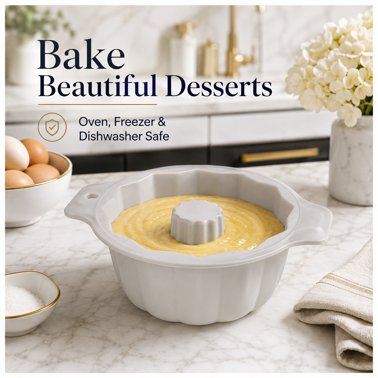 BPA Free Professional Silicone Cake Mould – Stone White Round Bundt Mould