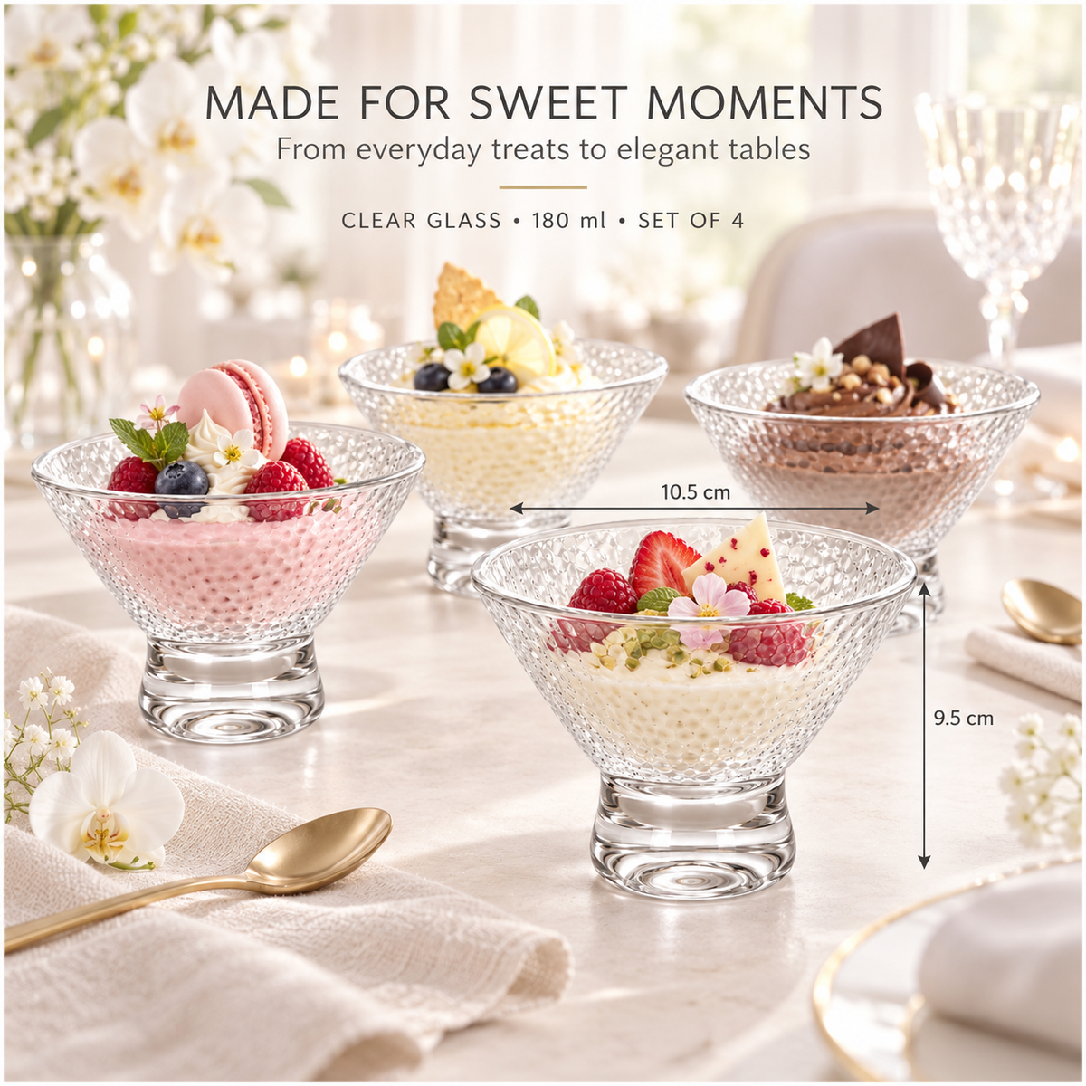 Elegant Glass Footed Dessert Bowls 180ml – Clear Textured Set of 4