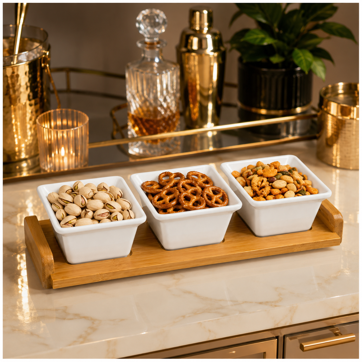 Elegant 4-Piece Ceramic Snack Serving Bowls with Bamboo Tray- 33 x 12 cm