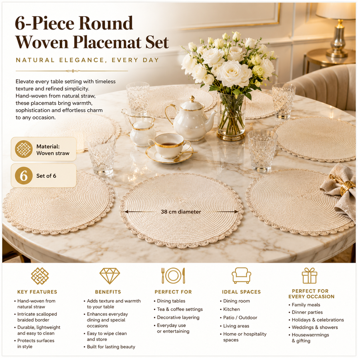 6-Piece Round Woven Straw Placemats with Scalloped Edge – 38cm