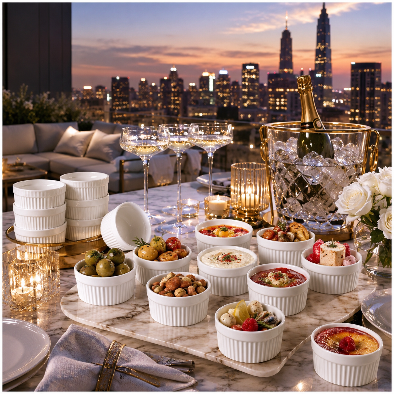 White Porcelain Ramekins Set of 12–Classic Ribbed Dessert and Baking Bowls
