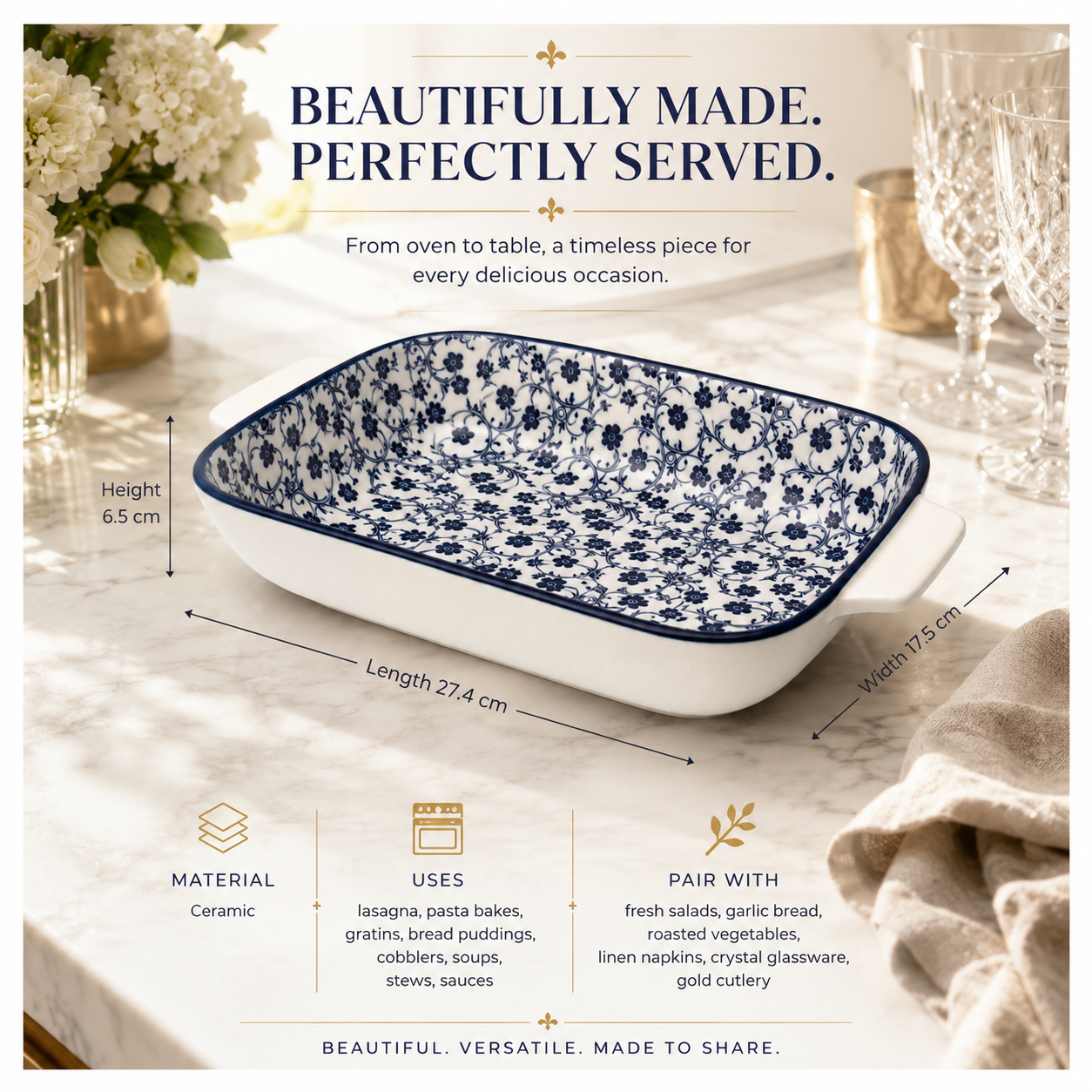 Elegant Navy Floral Ceramic Casserole Dish – 27.4cm - Blue and White