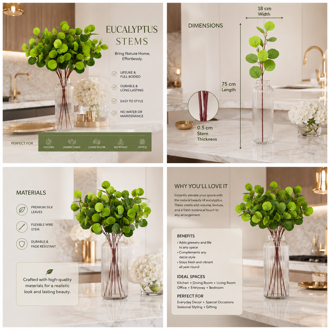 4-Piece Artificial Dollar Tree Eucalyptus Stem Set – 75 cm - Green
