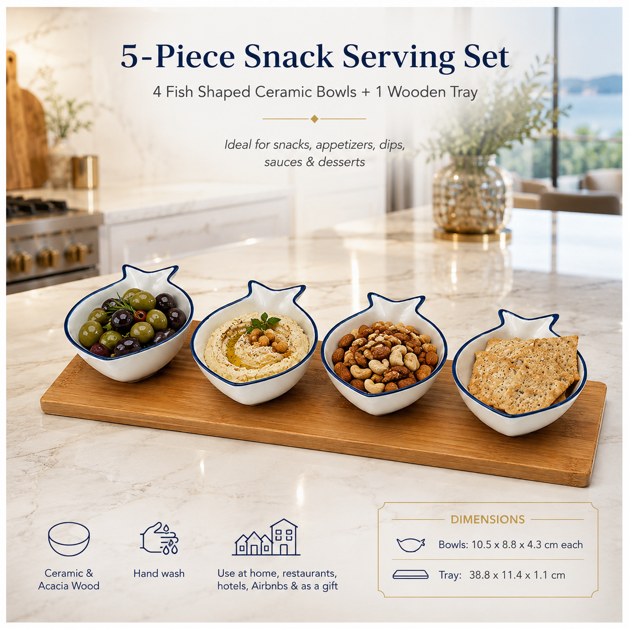 Ceramic Fish Shaped Snack Serving Bowl Set with Acacia Wooden Tray -5 Piece