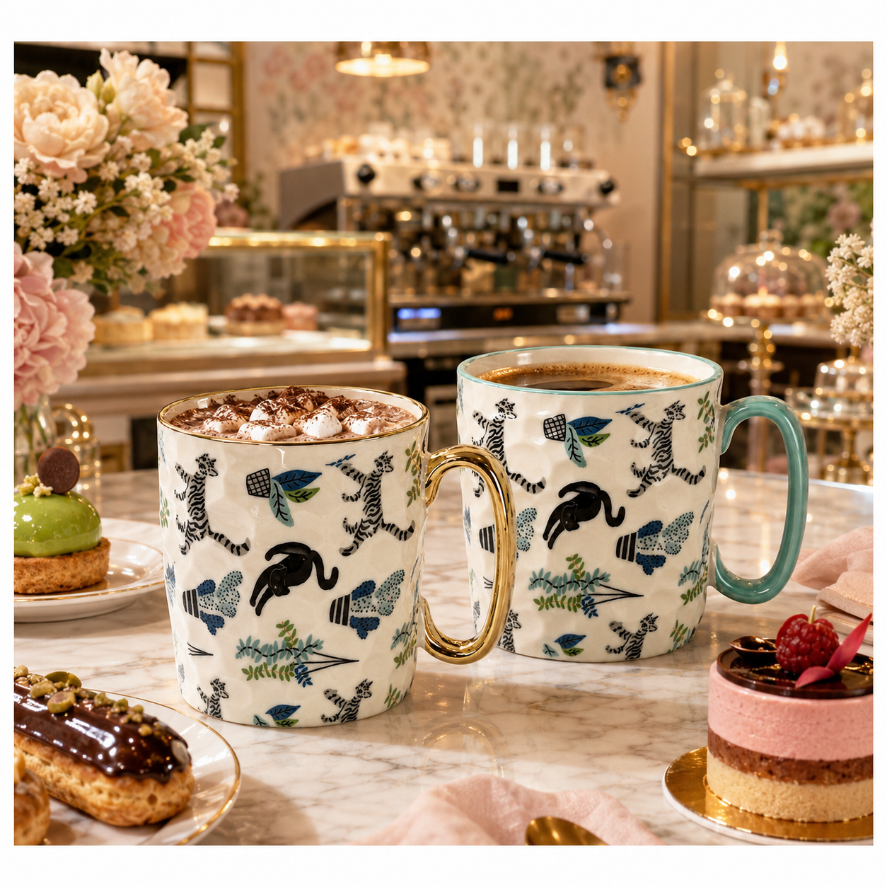 2-Piece Textured Porcelain Coffee Mug Set – 310ml Floral Cat Design