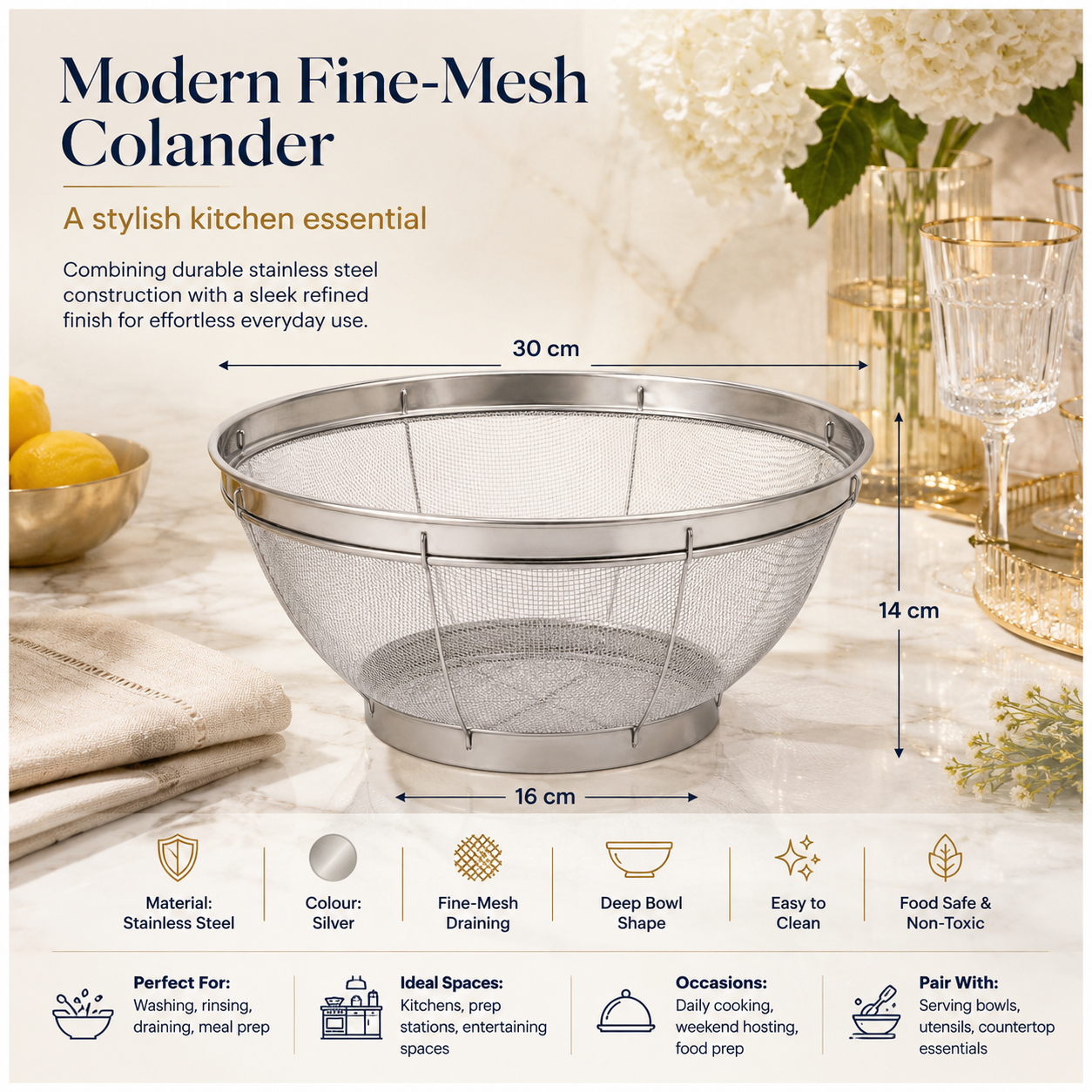Fine Mesh Stainless Steel Colander Basket - Perfect for Kitchen Prep -30 cm