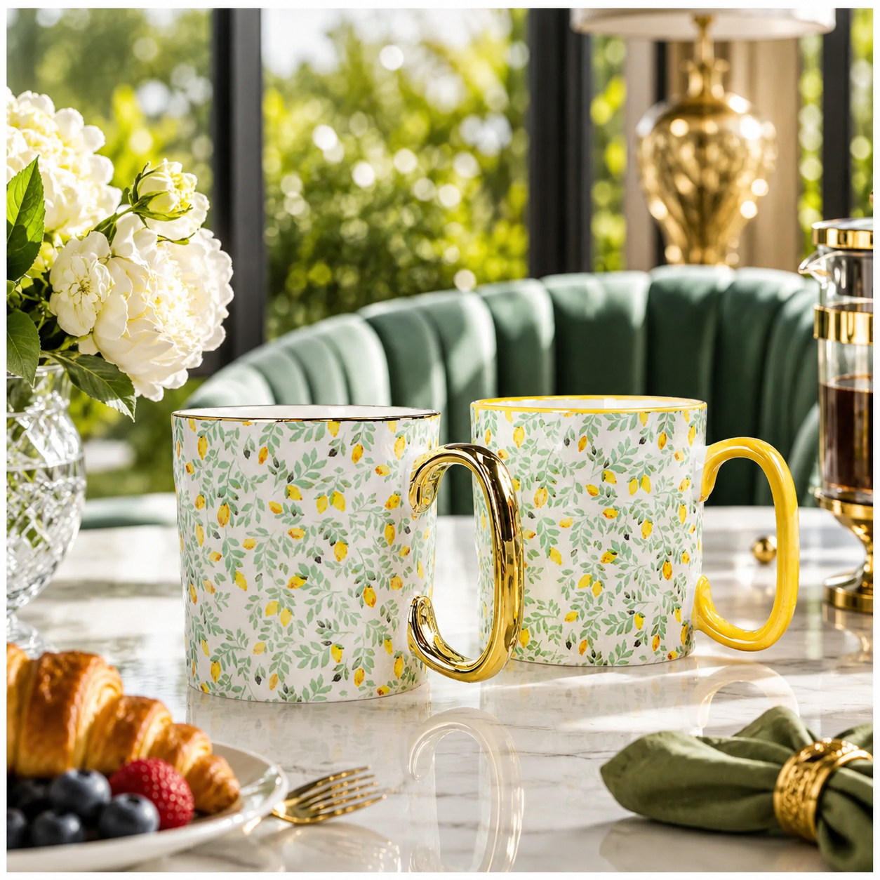 2-Piece Floral Porcelain Coffee Mug Set–Elegant Hot and Cold Beverage Mugs