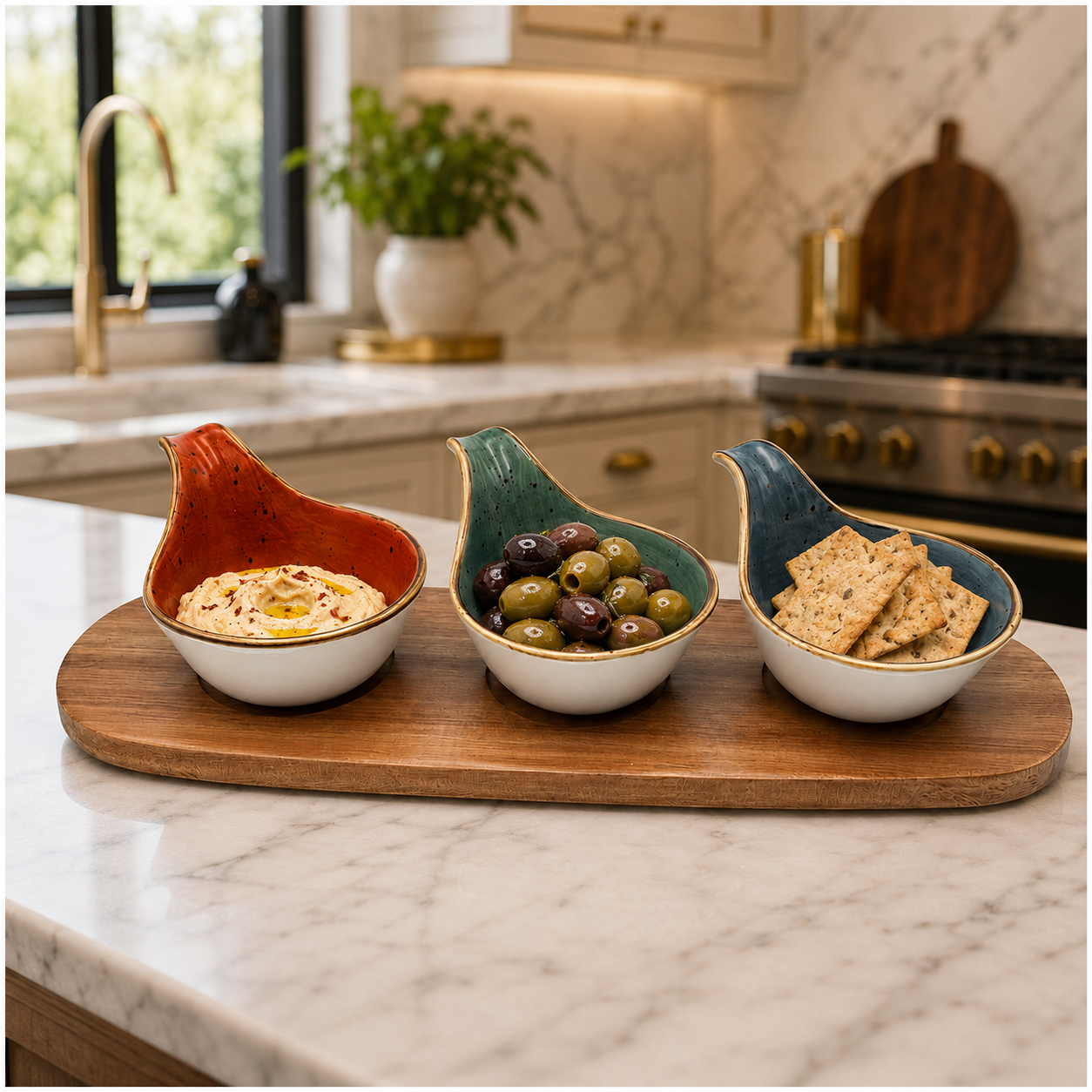 Elegant 3-Piece Ceramic Snack Bowl Set with Acacia Wood Serving Board