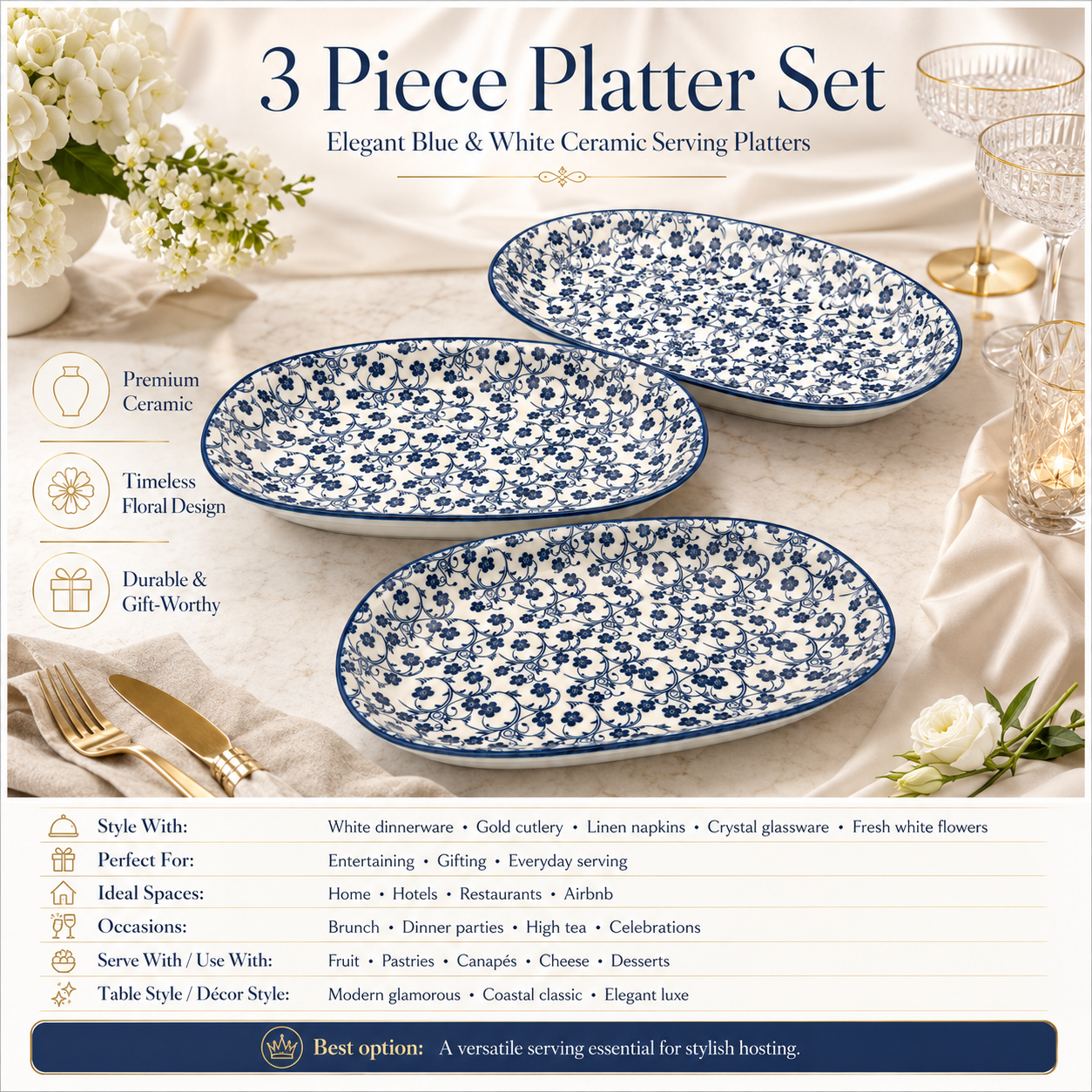 Elegant Blue and White Ceramic Serving Platter Set – Set of 3 - 30 cm