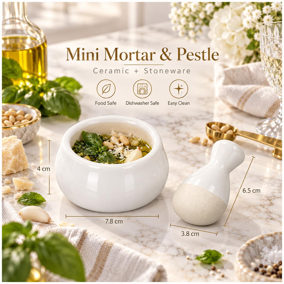 Mini Ceramic Mortar and Pestle Set - White Cream - Herb and Spice Grinder