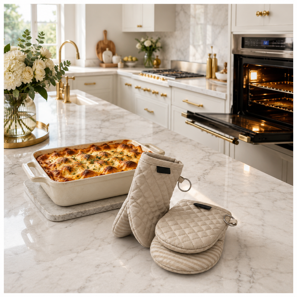 Quilted Compact Oven Mitt Set with Silicone Grip - Olive Brown