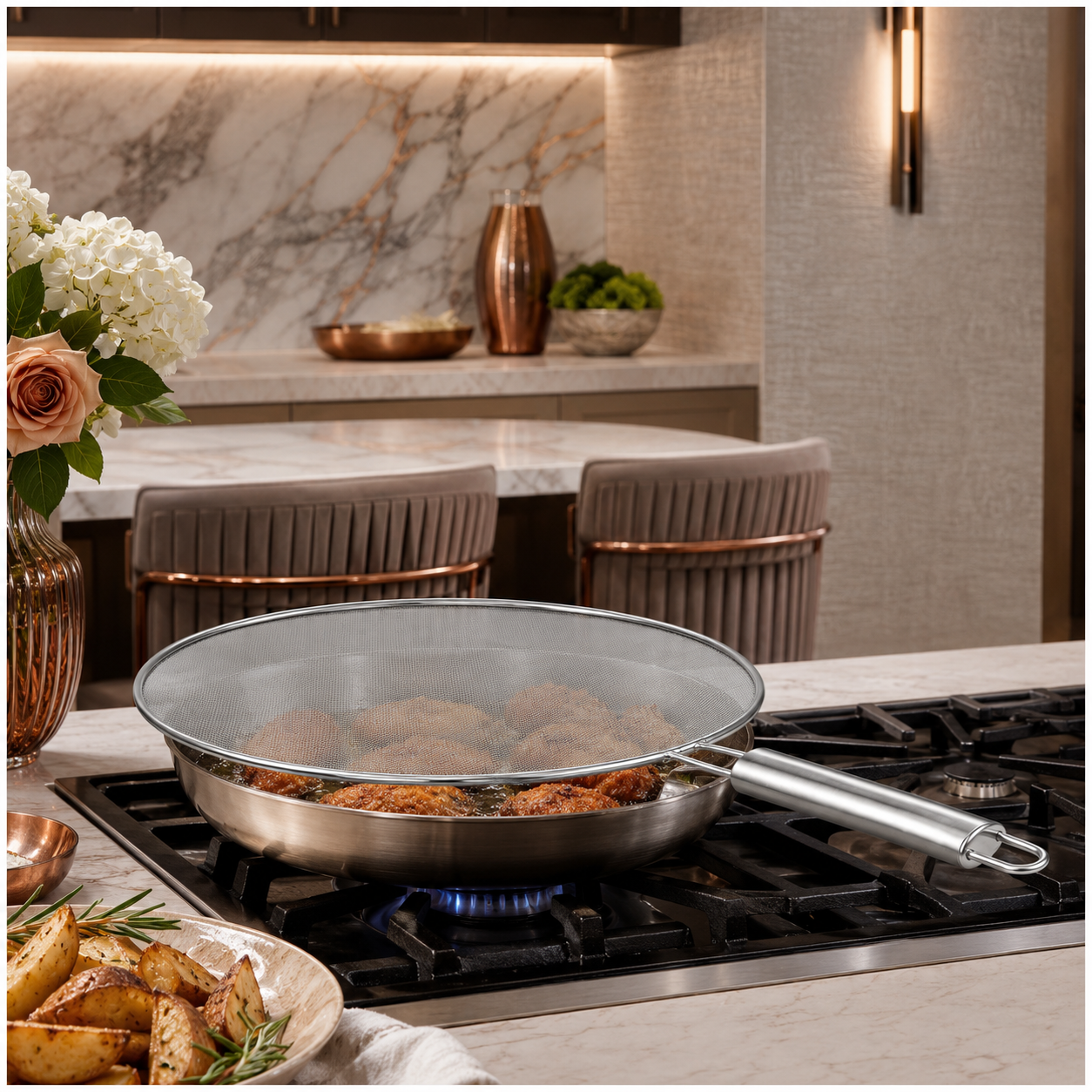 Stainless Steel Splatter Screen with Easy-Grip Handle – 33cm