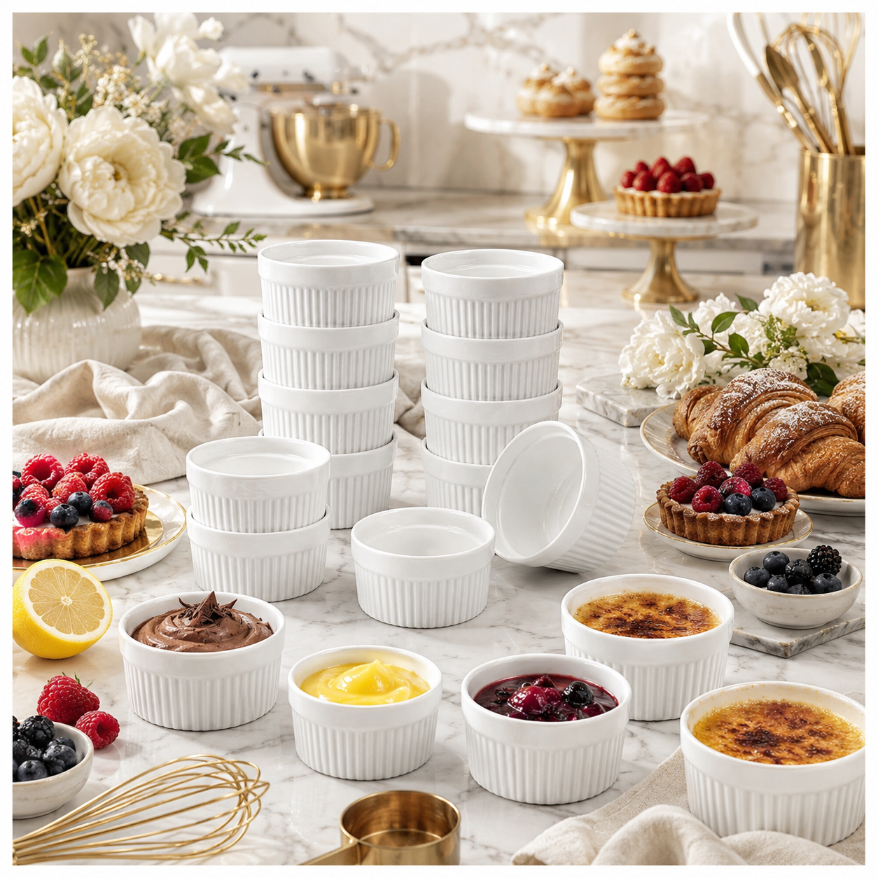 White Porcelain Ramekins Set of 12–Classic Ribbed Dessert and Baking Bowls