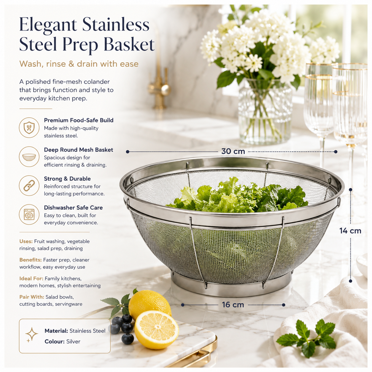 Fine Mesh Stainless Steel Colander Basket - Perfect for Kitchen Prep -30 cm