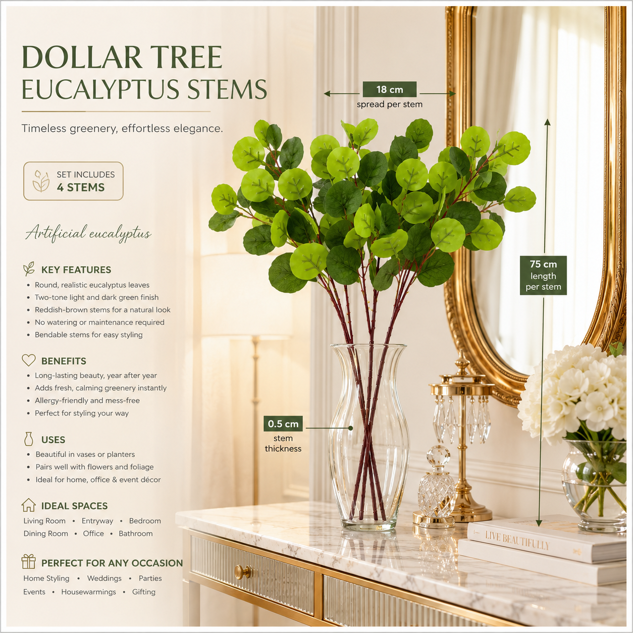 4-Piece Artificial Dollar Tree Eucalyptus Stem Set – 75 cm - Green